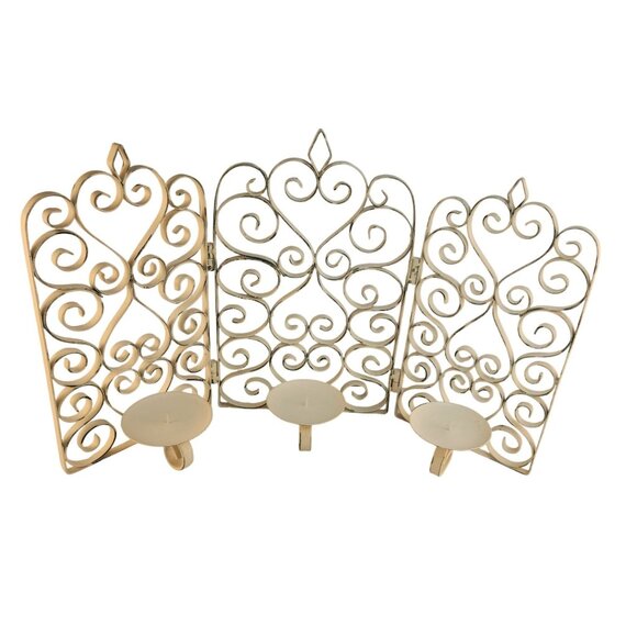 Scrolled Metal 3-Panel Folding Candelabra Screen Cream Distressed Finish - Picture 9 of 13